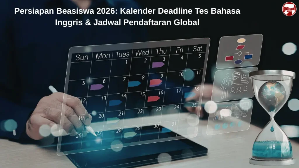 Kalender deadline pendaftaran beasiswa luar negeri dan jadwal tes bahasa Inggris 2026. (AI-generated Image)