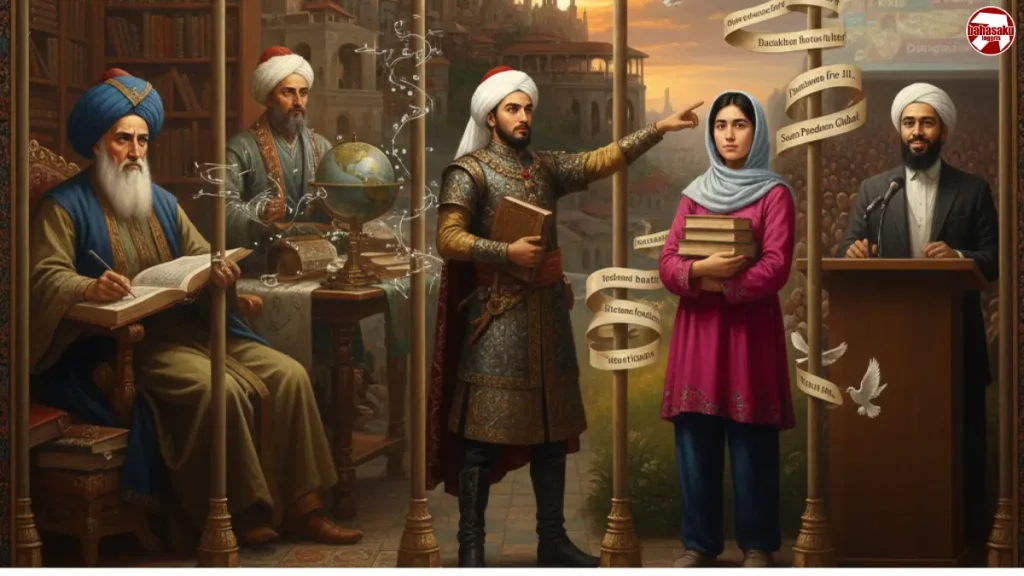 Tokoh-tokoh Muslim dunia yang inspiratif dalam penguasaan bahasa dan komunikasi global. (AI-generated Image)