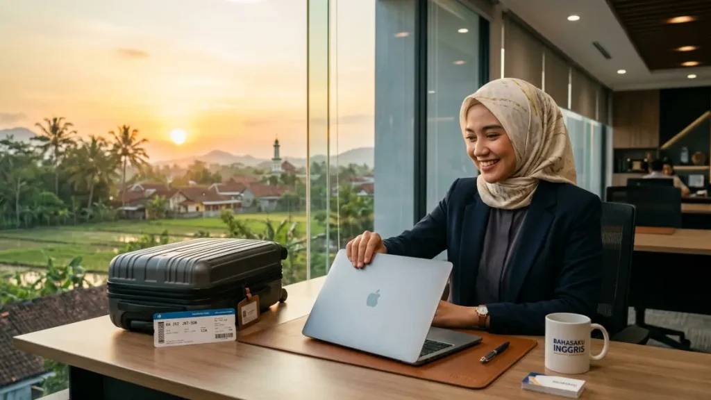 Dua orang profesional sedang melakukan jabat tangan virtual melalui layar laptop dengan latar belakang kantor yang mulai sepi menjelang libur lebaran. (Generated by AI)