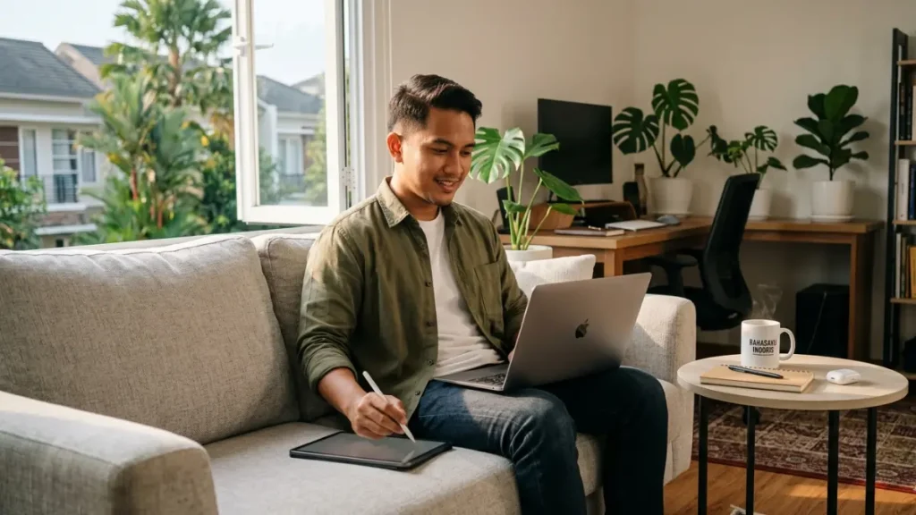 Seorang profesional sedang duduk santai di ruang tamu dengan secangkir kopi, merencanakan jadwal kerja di laptop dengan ekspresi tenang dan fokus. (AI Image Generator)