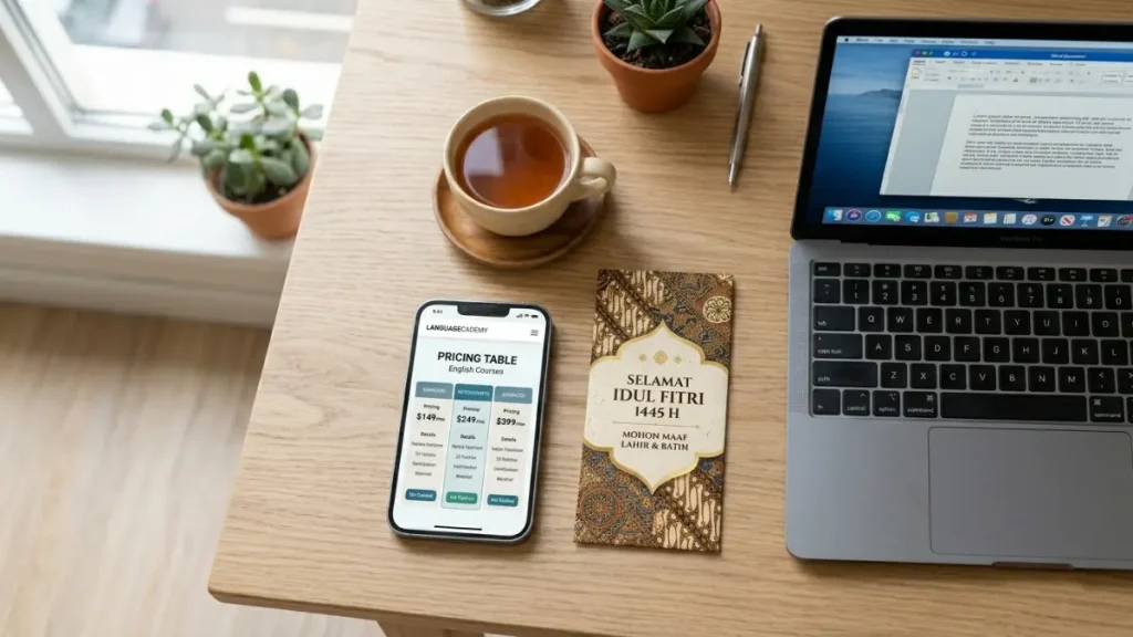 Ilustrasi tangan yang memegang smartphone menampilkan tabel harga kursus online yang terjangkau, dengan latar belakang amplop THR dan ornamen lebaran. (Generated By Ai)