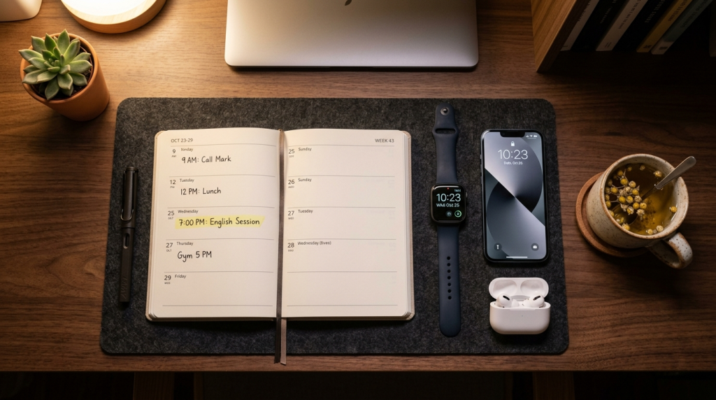 Tampilan atas meja kerja minimalis di malam hari dengan buku agenda yang menunjukkan jadwal mingguan belajar bahasa Inggris, jam tangan digital, dan smartphone, menggambarkan perencanaan waktu yang rapi bagi karyawan. (Generated By AI)