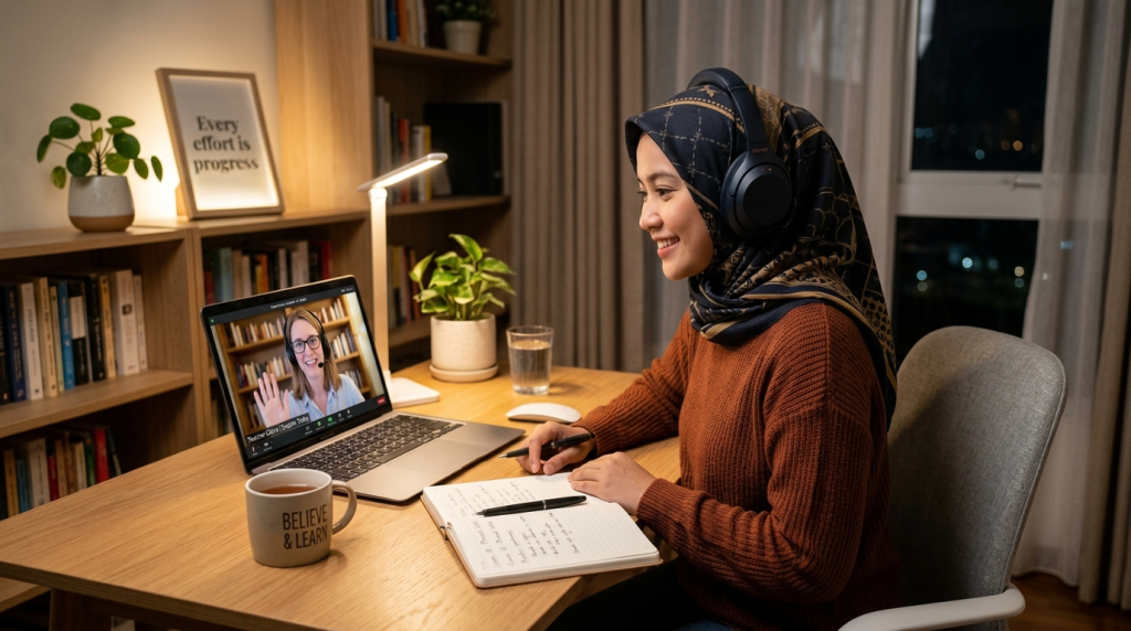 Seorang Perempuan Sedang Belajar Bahasa Inggris Secara Online dari Rumah (Generated by AI)