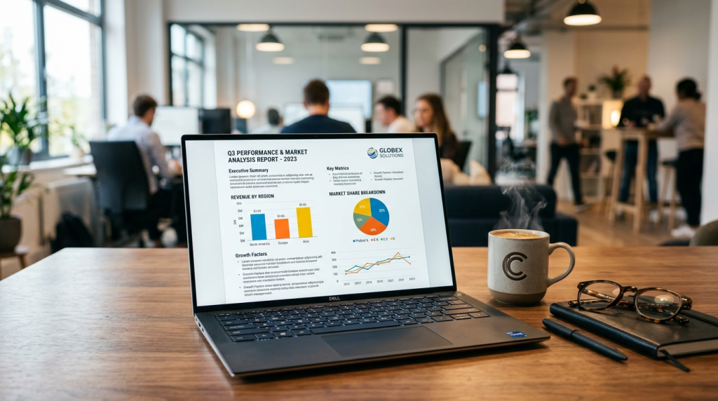 Tampilan layar laptop yang menunjukkan laporan bulanan profesional dalam Bahasa Inggris dengan grafik warna-warni, kacamata, dan kopi di atas meja kantor, menggambarkan produktivitas kerja. (Generated By AI)