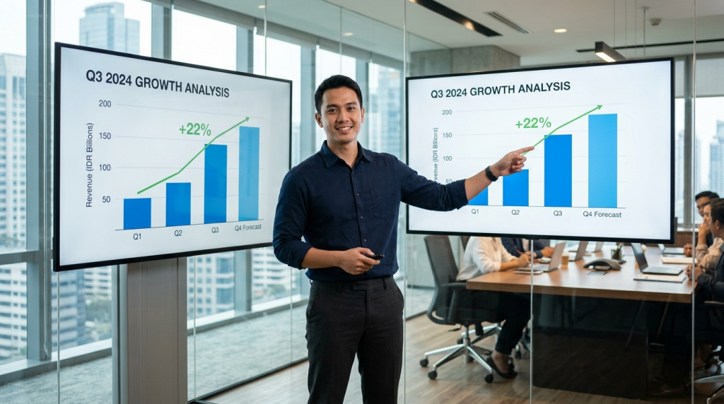 Seorang profesional pria sedang melakukan presentasi bahasa Inggris di ruang rapat kantor modern, menunjukkan grafik pertumbuhan pada layar besar dengan ekspresi percaya diri. (Generated By AI)