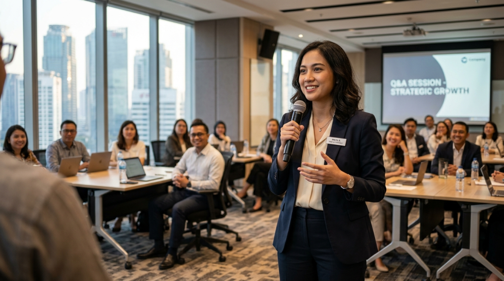 Seorang profesional wanita sedang menjawab pertanyaan dengan tenang dan diplomatis saat sesi Q&A presentasi bahasa Inggris di kantor. (Generated By AI)