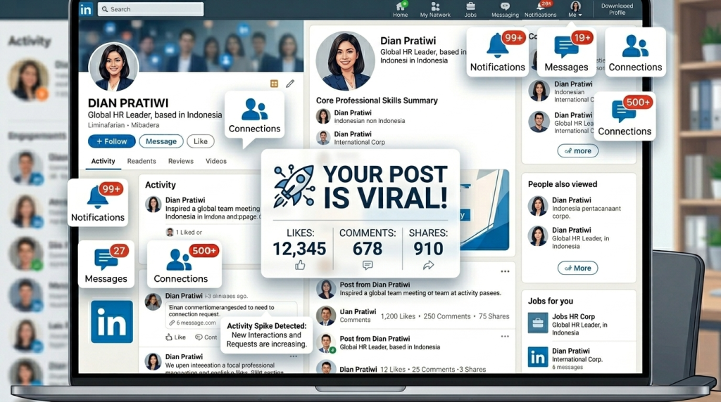 Panduan optimasi profil LinkedIn menggunakan Bahasa Inggris profesional untuk meningkatkan personal branding dan peluang karir global. (Generated By AI)