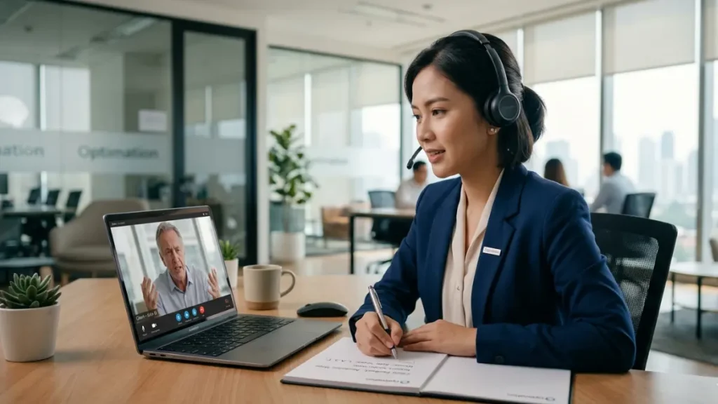 Seorang profesional wanita Indonesia sedang menangani keluhan klien internasional melalui video call dengan ekspresi tenang dan empatik, menunjukkan teknik komunikasi krisis yang efektif dalam Bahasa Inggris di kantor Optimation. (Generated By AI)