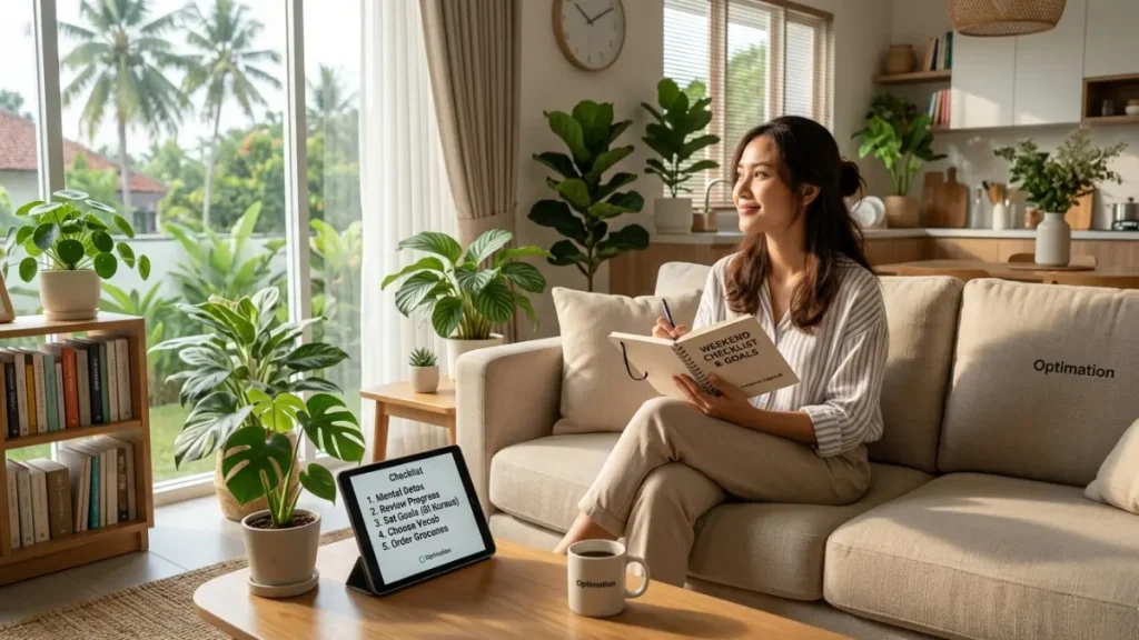 Seorang profesional wanita Indonesia sedang bersantai di sofa rumah pada Sabtu pagi sambil merencanakan agenda mingguan di buku catatan dan tablet, menggambarkan keseimbangan antara istirahat akhir pekan dan persiapan produktivitas kerja. (Generated By AI)