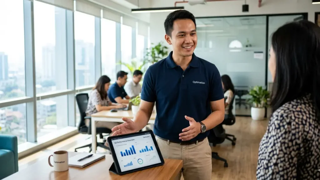 Seorang manajer profesional sedang melakukan delegasi tugas dalam Bahasa Inggris dengan cara yang sopan dan kolaboratif kepada anggota timnya di kantor Optimation modern pada Senin pagi. (AI Image Generator)