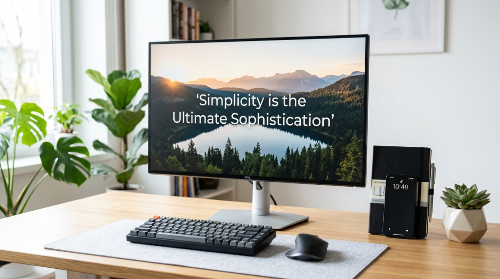 Tampilan slide presentasi bahasa Inggris yang minimalis dan profesional di monitor komputer, menunjukkan desain modern untuk presentasi bisnis. (Generated By AI)