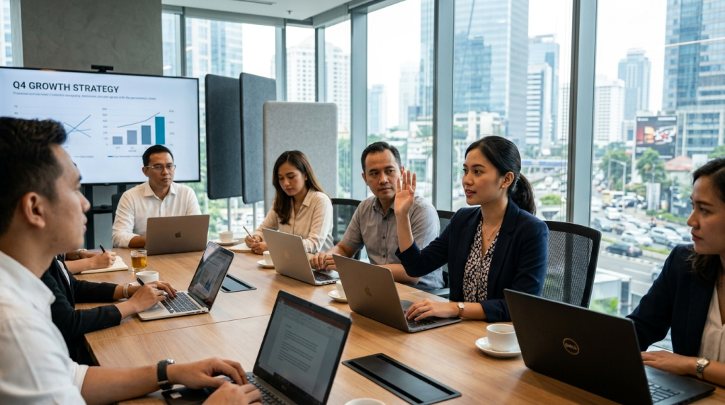Etika melakukan interupsi secara sopan dalam rapat Bahasa Inggris menggunakan bahasa tubuh dan frasa diplomatis. (Generated By AI)