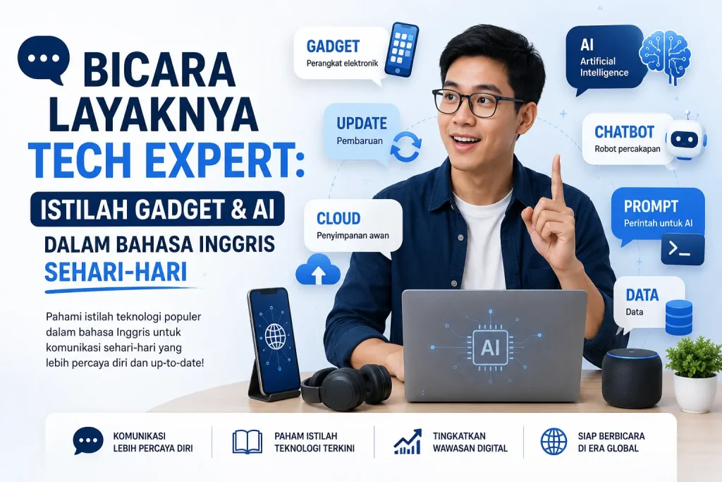 Istilah gadget, kosakata kecerdasan buatan (AI), dan teknologi modern dalam Bahasa Inggris untuk gaya hidup digital. (Generated By AI)