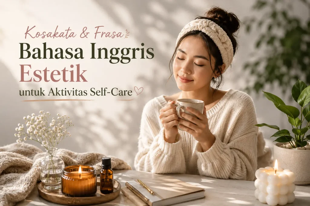 Kosakata gaya hidup sehat (wellness) dan frasa Bahasa Inggris tentang aktivitas self-care untuk relaksasi akhir pekan. (Generated By AI)