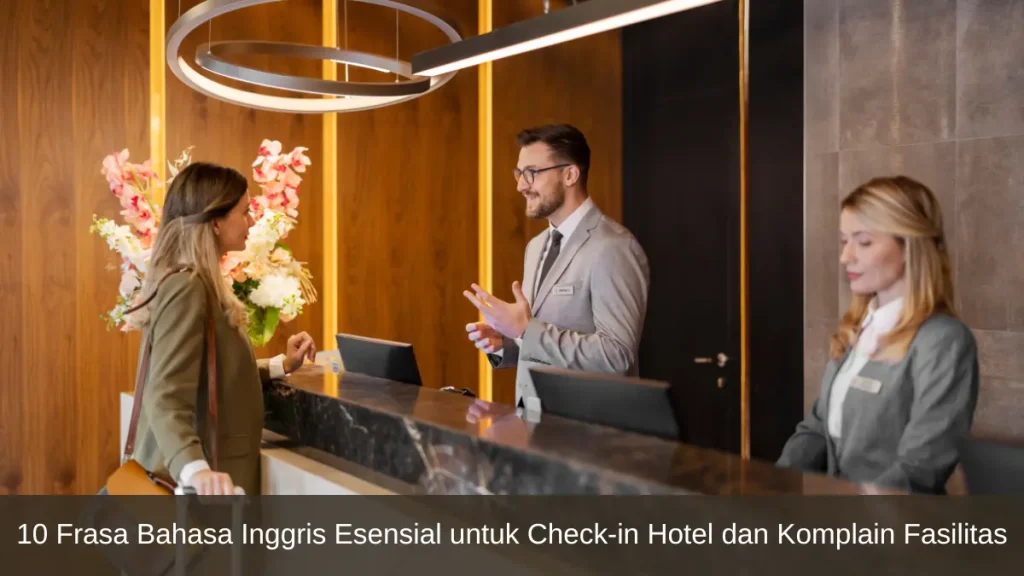 Panduan frasa percakapan Bahasa Inggris praktis untuk check-in hotel dan meminta bantuan fasilitas kamar saat traveling di luar negeri.