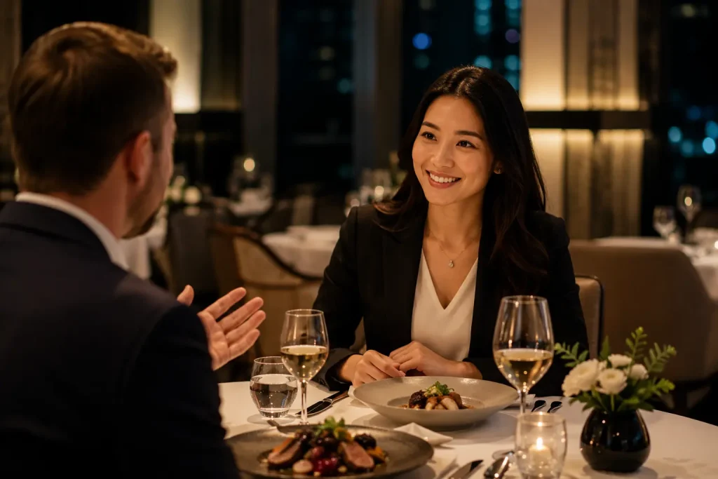 Etiket meja makan dan kosakata percakapan Bahasa Inggris harian untuk menghadiri jamuan makan malam bisnis (business dinner) bersama klien internasional. (Generated By AI)