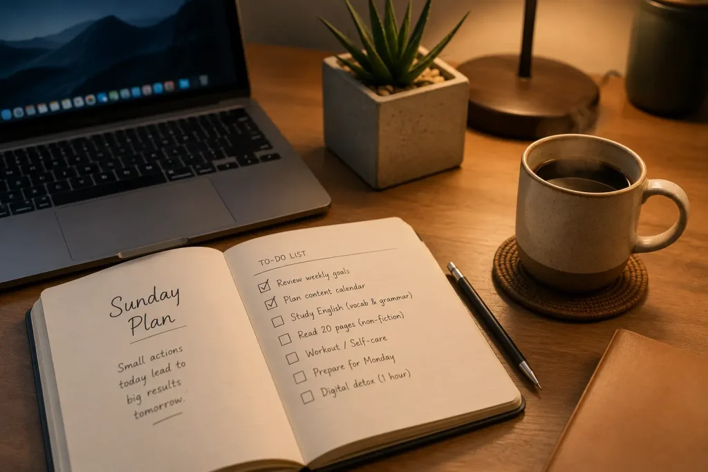 Cara menyusun to-do list yang efektif dan daftar kosakata bahasa Inggris tentang produktivitas kerja untuk persiapan hari Senin. (Generated By AI)